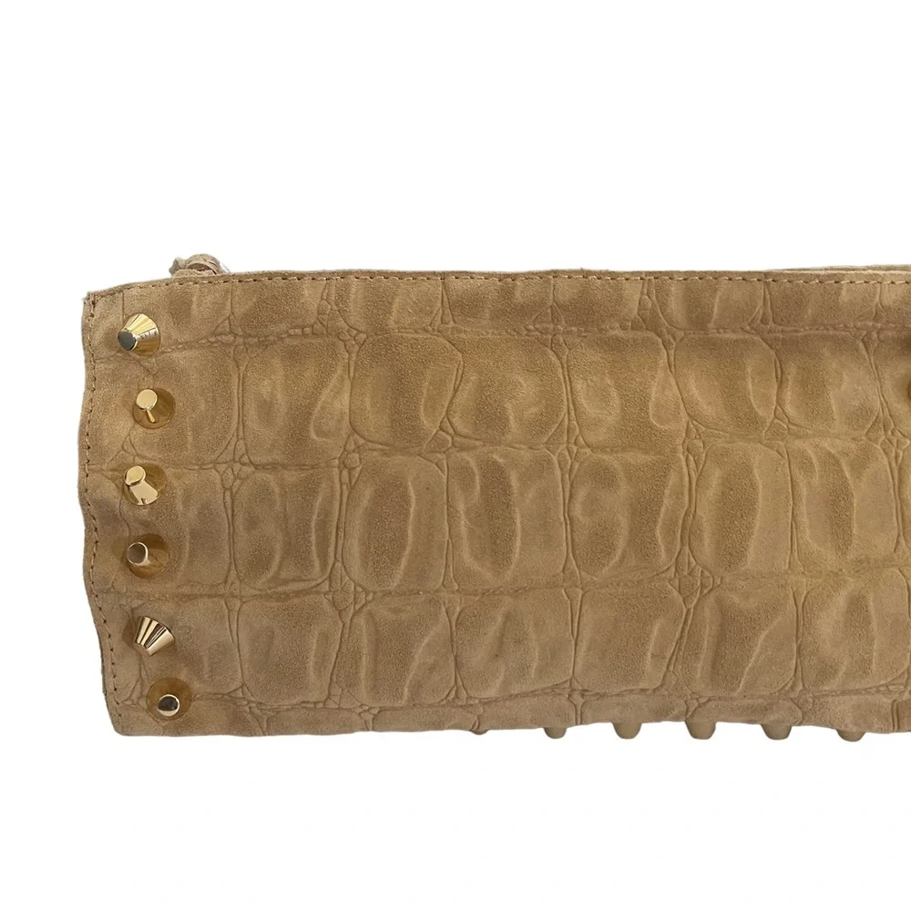 Linea Pelle Designer Clutch Tan Suede Leather Animal Print Gold Studs Lined